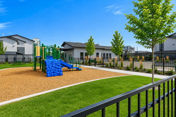 Playground with blue slide and surrounding green space